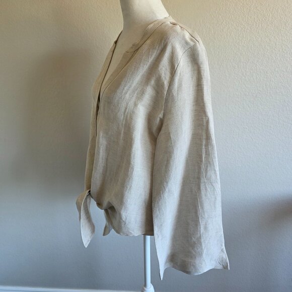 Boston Proper Tie Hem Long Flare Sleeve Linen Blend Button Shirt Top Size M - Picture 4 of 8